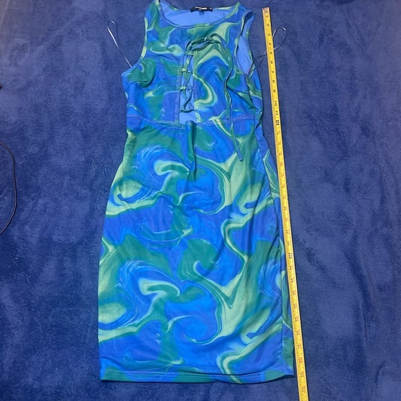 Blue green swirl mesh mini dress w/ tie in front from Missguided. US 6 - Picture 4 of 4